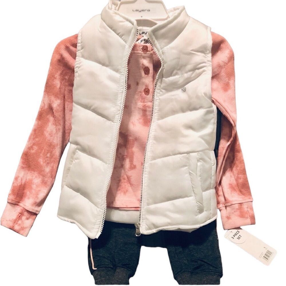 KIDS Size S “Layer 8 Girls” 3 Piece Quilted Jacket Pink Shirt Grey Sweat…